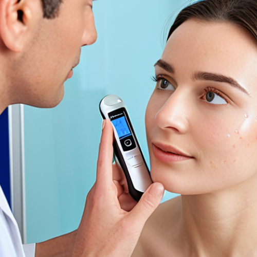 Home 17 **
Prompt: A woman receiving a professional skin analysis from a dermatologist in a modern clinic, with advanced technology like skin moisture and oil measurement devices visible. Focus on the expert's personalized approach and the integration of technology. Background: Clean, bright, and professional environment.
**