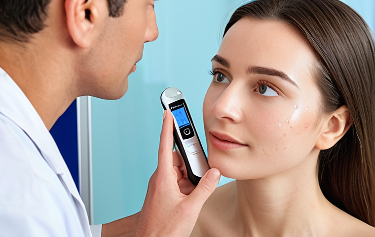 **
Prompt: A woman receiving a professional skin analysis from a dermatologist in a modern clinic, with advanced technology like skin moisture and oil measurement devices visible. Focus on the expert's personalized approach and the integration of technology. Background: Clean, bright, and professional environment.
**