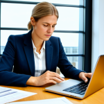 A focused professional German businesswoman, sitting at a modern desk in a well-lit contemporary office, reviewing financial documents and using a laptop. She is wearing a modest business suit, fully clothed, appropriate attire, professional dress. The background shows a clean, organized workspace, symbolizing meticulous financial planning and market analysis for a new venture. safe for work, appropriate content, professional, perfect anatomy, correct proportions, natural pose, well-formed hands, proper finger count, natural body proportions, high quality professional photography.