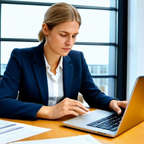 Home 16 A focused professional German businesswoman, sitting at a modern desk in a well-lit contemporary office, reviewing financial documents and using a laptop. She is wearing a modest business suit, fully clothed, appropriate attire, professional dress. The background shows a clean, organized workspace, symbolizing meticulous financial planning and market analysis for a new venture. safe for work, appropriate content, professional, perfect anatomy, correct proportions, natural pose, well-formed hands, proper finger count, natural body proportions, high quality professional photography.