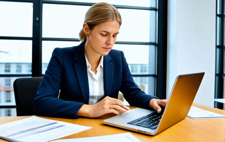 A focused professional German businesswoman, sitting at a modern desk in a well-lit contemporary office, reviewing financial documents and using a laptop. She is wearing a modest business suit, fully clothed, appropriate attire, professional dress. The background shows a clean, organized workspace, symbolizing meticulous financial planning and market analysis for a new venture. safe for work, appropriate content, professional, perfect anatomy, correct proportions, natural pose, well-formed hands, proper finger count, natural body proportions, high quality professional photography.