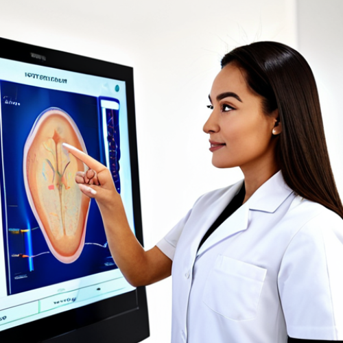 Home 6 A professional female aesthetician, fully clothed in a modest, clean white uniform, stands beside a female client, who is also fully clothed in appropriate, comfortable attire. The aesthetician is pointing towards a sleek, large digital screen displaying intricate skin analysis results, while the client attentively observes the data. They are in a modern, brightly lit aesthetic clinic with state-of-the-art skin diagnostic equipment visible in the softly blurred background. Perfect anatomy, correct proportions, natural pose, well-formed hands, proper finger count, natural body proportions, safe for work, appropriate content, fully clothed, professional, high resolution, detailed skin texture, family-friendly.