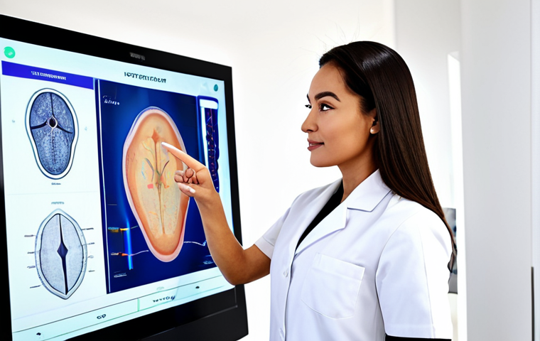 A professional female aesthetician, fully clothed in a modest, clean white uniform, stands beside a female client, who is also fully clothed in appropriate, comfortable attire. The aesthetician is pointing towards a sleek, large digital screen displaying intricate skin analysis results, while the client attentively observes the data. They are in a modern, brightly lit aesthetic clinic with state-of-the-art skin diagnostic equipment visible in the softly blurred background. Perfect anatomy, correct proportions, natural pose, well-formed hands, proper finger count, natural body proportions, safe for work, appropriate content, fully clothed, professional, high resolution, detailed skin texture, family-friendly.