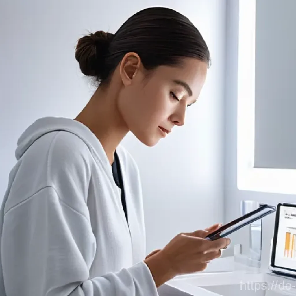 피부관리 관련 최신 기술 및 혁신 소개 - **AI Skin Analysis at Home:**
    A young woman, approximately 28-32 years old, with clear and healt...