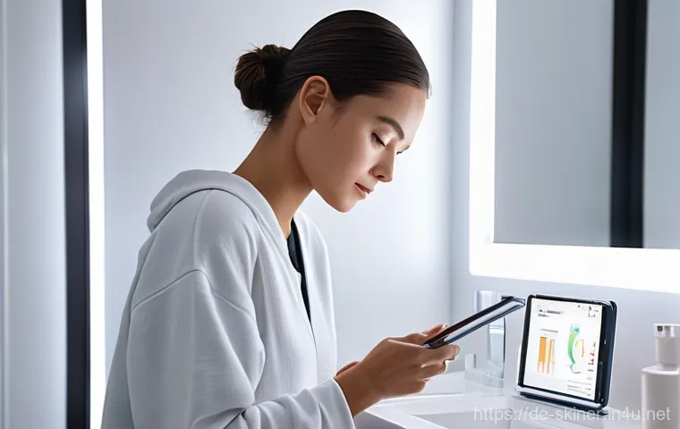 피부관리 관련 최신 기술 및 혁신 소개 - **AI Skin Analysis at Home:**
    A young woman, approximately 28-32 years old, with clear and healt...