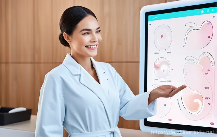 피부관리사의 최신 기술 트렌드 도입 사례 - **AI Skin Analysis for Personalized Care:**
    "A clean, brightly lit, modern dermatology clinic. A...