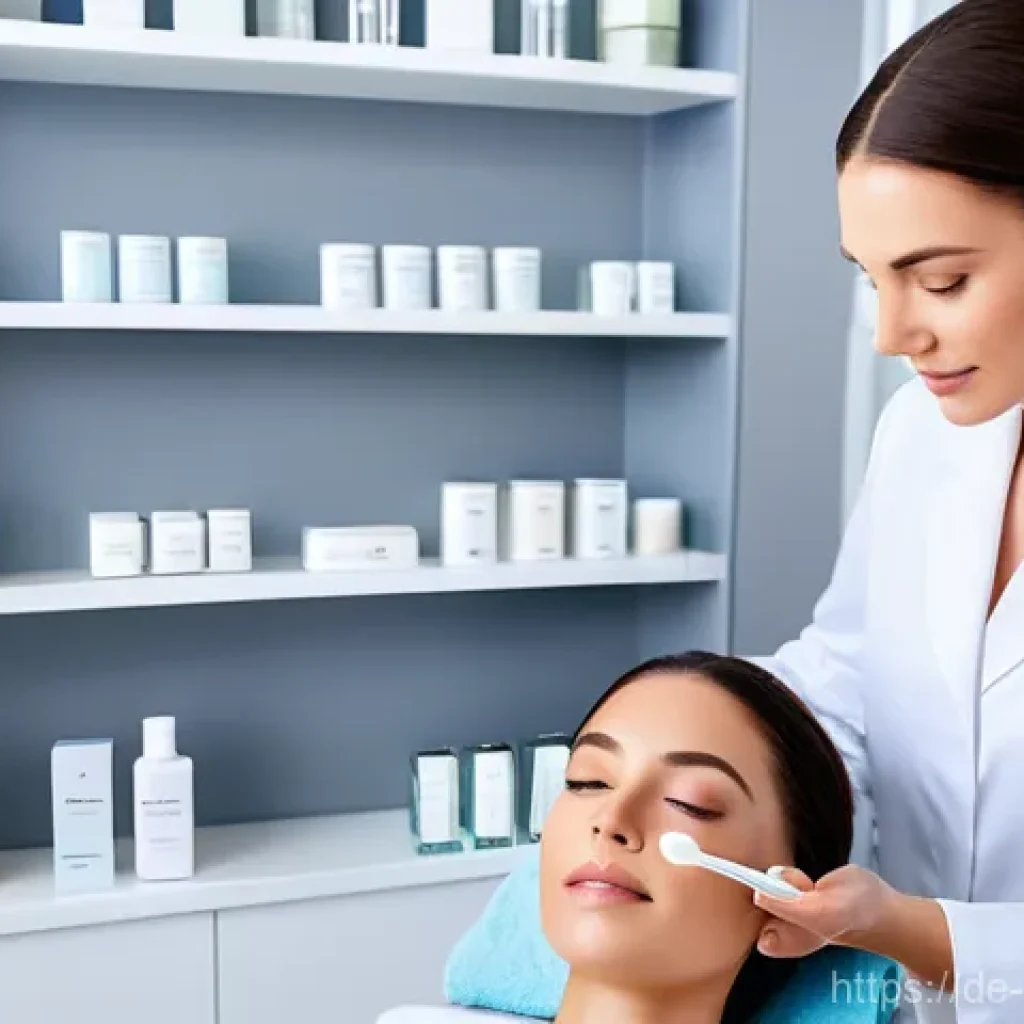 피부관리사의 최신 트렌드 활용법 - A professional female aesthetician, wearing a crisp, clean uniform, meticulously conducts a comprehe...