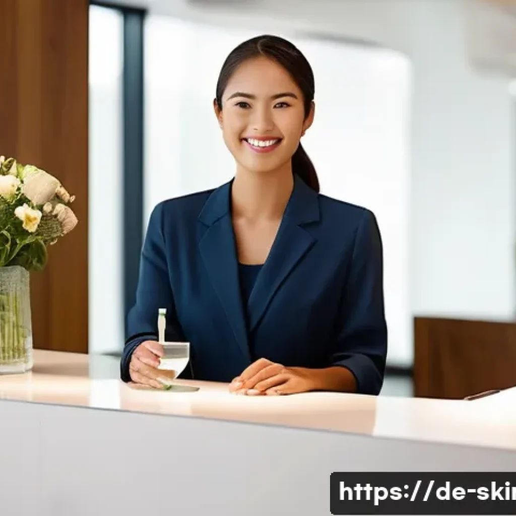 피부관리 고객 응대 실전 팁 - **Prompt:** A serene and inviting beauty salon reception area, bathed in soft, warm lighting. A frie...