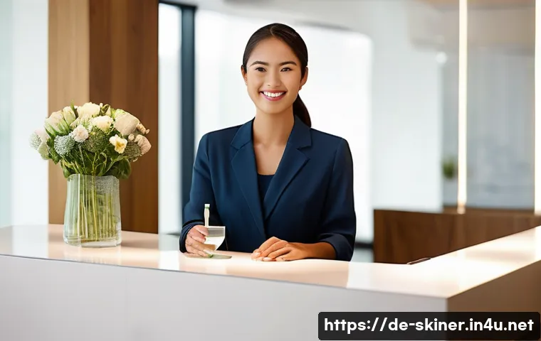 피부관리 고객 응대 실전 팁 - **Prompt:** A serene and inviting beauty salon reception area, bathed in soft, warm lighting. A frie...