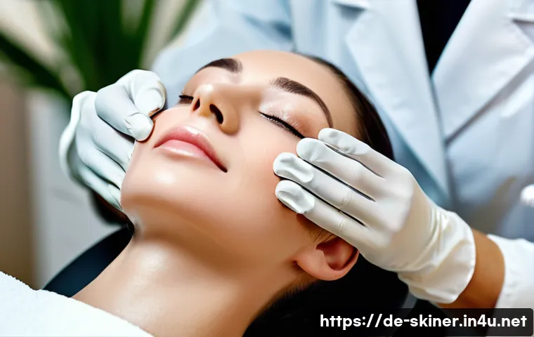 피부관리사의 장비 관리 및 유지보수 - **Prompt:** A close-up, high-definition photographic image of a female esthetician's hands, wearing ...