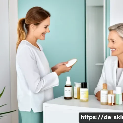 피부관리사로서의 언어 및 커뮤니케이션 스킬 - A professional skincare consultation scene in a modern, clean treatment room in Germany, featuring a...