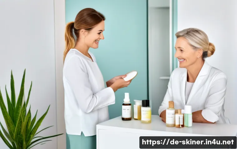 피부관리사로서의 언어 및 커뮤니케이션 스킬 - A professional skincare consultation scene in a modern, clean treatment room in Germany, featuring a...