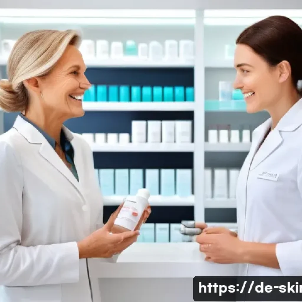 피부관리사의 자격증 활용 방법 - A modern skincare consultation scene inside a high-end German pharmacy, featuring a professional fem...