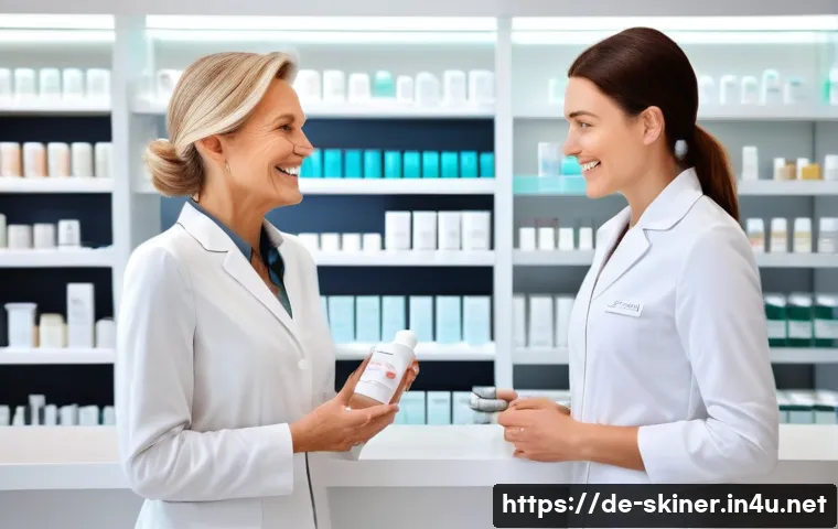 피부관리사의 자격증 활용 방법 - A modern skincare consultation scene inside a high-end German pharmacy, featuring a professional fem...