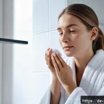 피부관리사 현직자 인터뷰 - A serene, modern bathroom scene featuring a young adult woman with clear, glowing skin gently cleans...