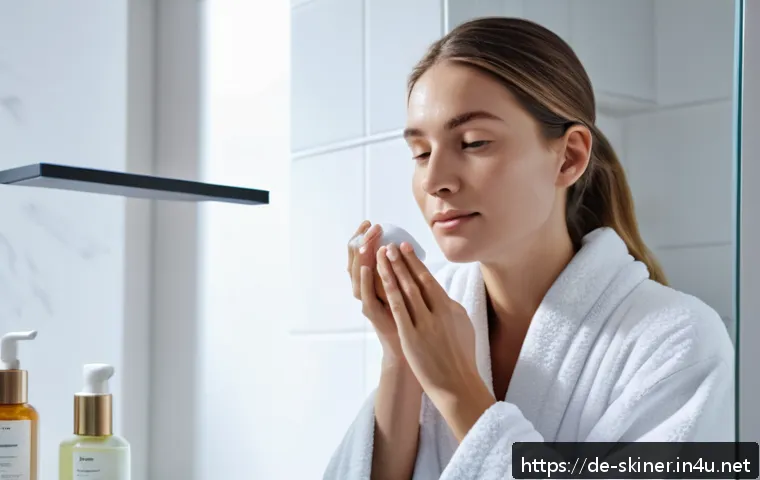 피부관리사 현직자 인터뷰 - A serene, modern bathroom scene featuring a young adult woman with clear, glowing skin gently cleans...