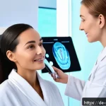 피부관리 클리닉의 성공 운영 사례 - A modern skincare clinic interior featuring a digital skin scanner device in use by a professional e...