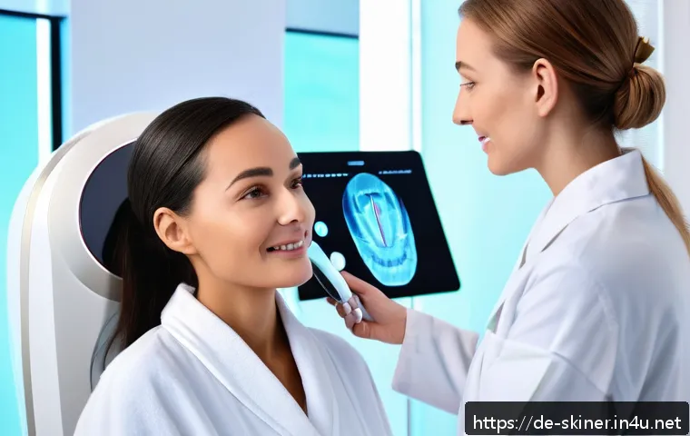피부관리 클리닉의 성공 운영 사례 - A modern skincare clinic interior featuring a digital skin scanner device in use by a professional e...
