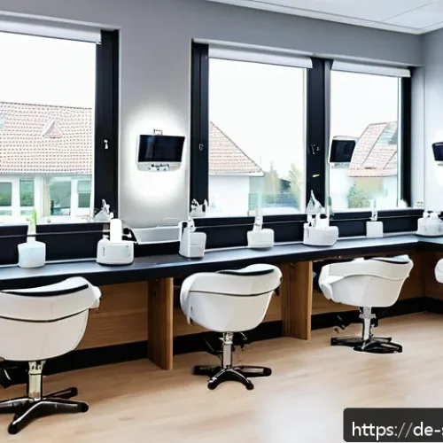 피부관리사 학원 선택 기준 - A modern cosmetology classroom in Germany with students practicing on models wearing professional ma...