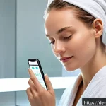 피부관리사의 미래 트렌드 전망 - A modern skincare setup featuring a young German woman using a smartphone app to scan her face for r...