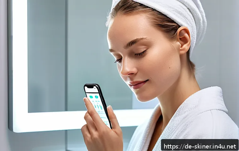 피부관리사의 미래 트렌드 전망 - A modern skincare setup featuring a young German woman using a smartphone app to scan her face for r...