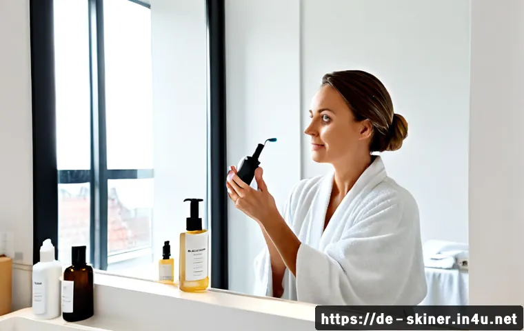 피부관리사의 스킨케어 루틴 공유 - Photorealistic morning skincare routine of a professional esthetician in a bright, minimalist German...